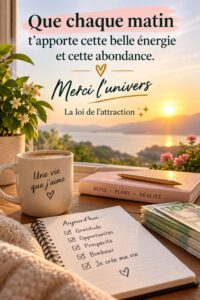 Femme méditant tranquillement au lever du soleil, illustrant les bienfaits d'une matinée positive grâce à la loi de l'attraction.