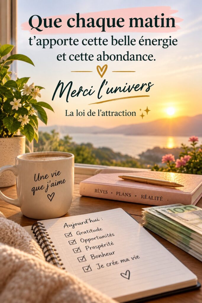 Femme méditant tranquillement au lever du soleil, illustrant les bienfaits d'une matinée positive grâce à la loi de l'attraction.