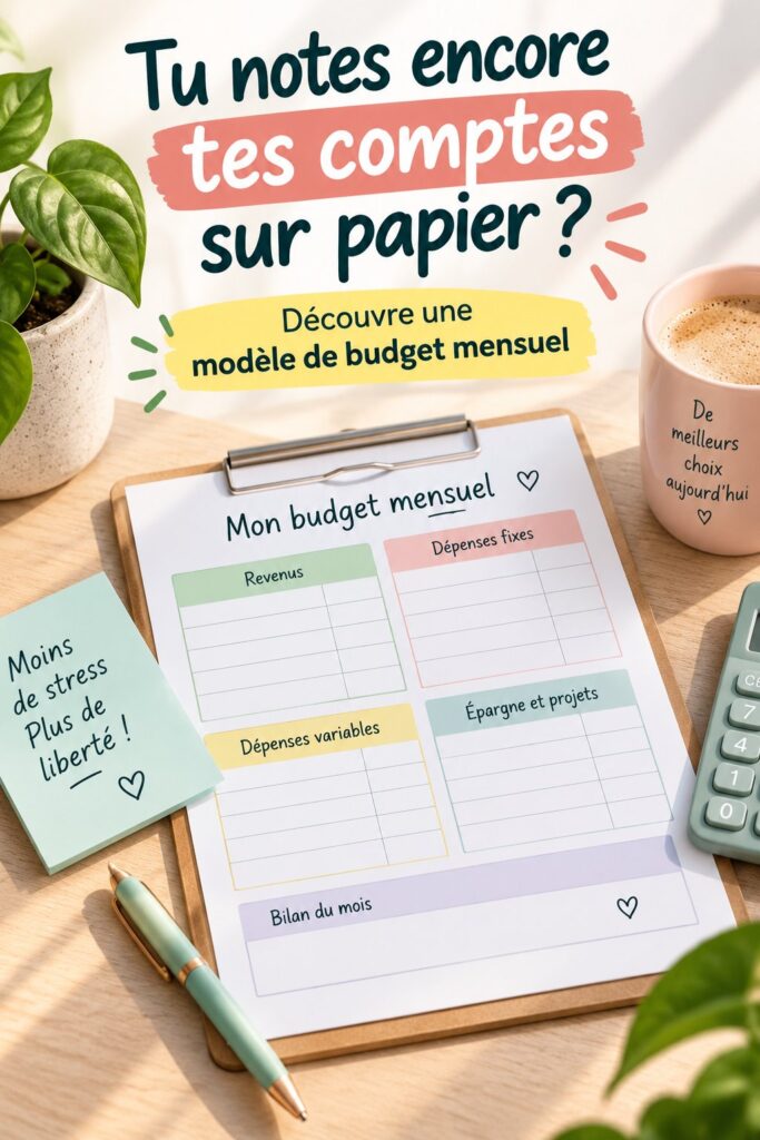 Modèle de budget mensuel sur un bureau avec calculatrice et stylos