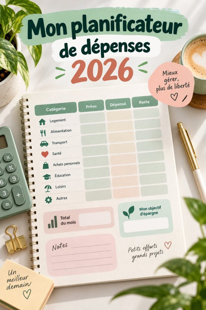 Visuel d'une femme souriante planifiant son budget pour 2024 avec des documents et un ordinateur.