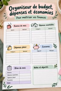 Un planner financier ouvert sur une table avec des stylos et des pièces de monnaie