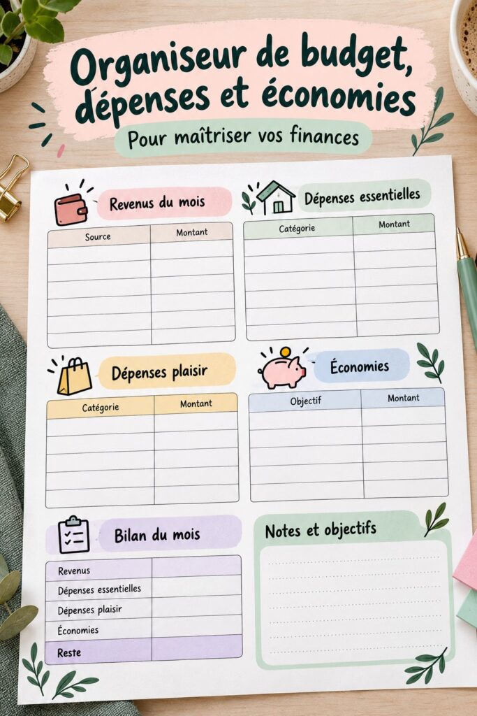 Un planner financier ouvert sur une table avec des stylos et des pièces de monnaie