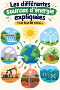 Différentes sources d'énergie illustrées, incluant énergies renouvelables et fossiles.