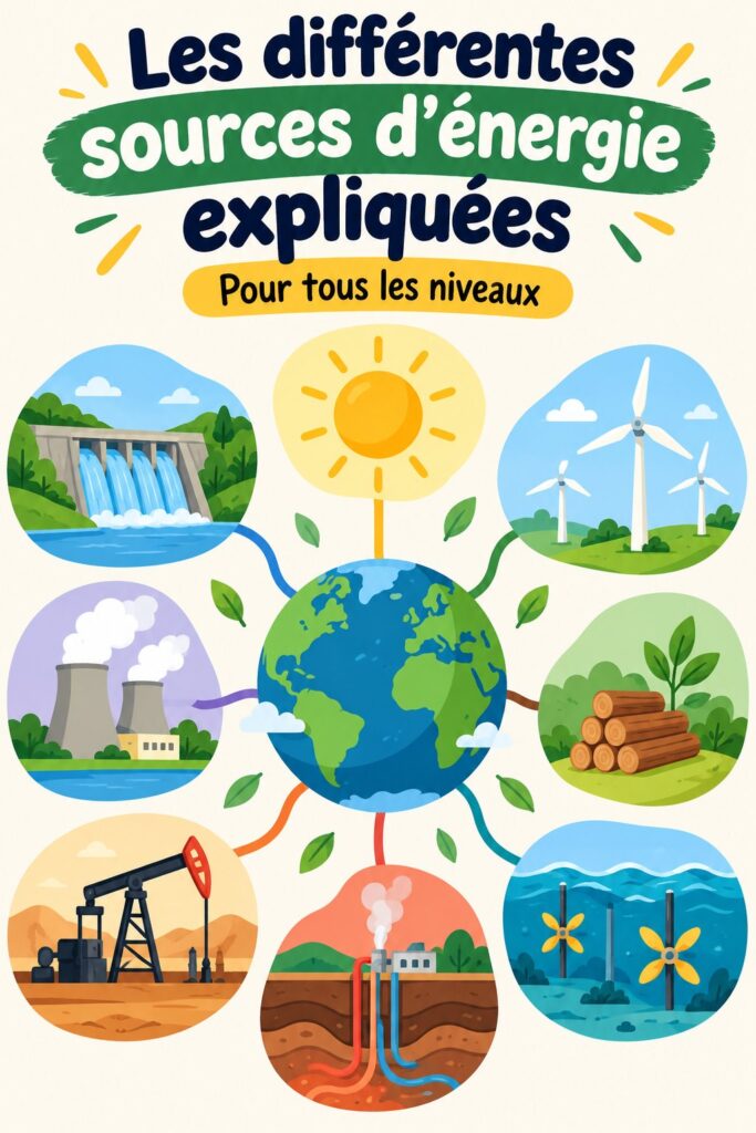 Différentes sources d'énergie illustrées, incluant énergies renouvelables et fossiles.
