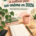 Femme souriante adoptant des habitudes saines en 2026, entourée de plantes et de livres.