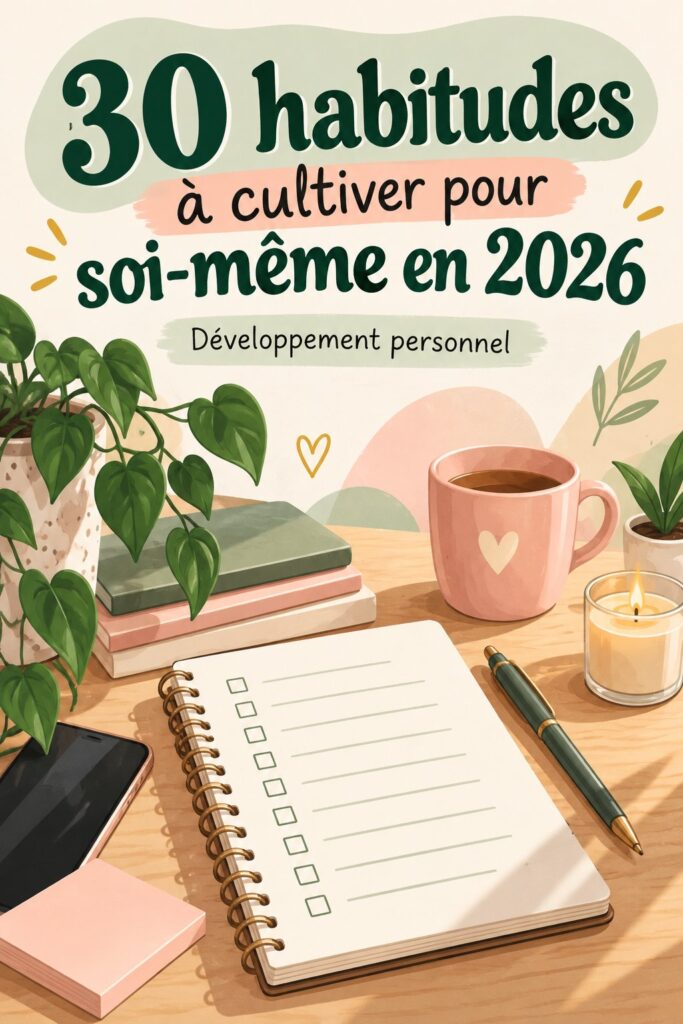 Femme souriante adoptant des habitudes saines en 2026, entourée de plantes et de livres.