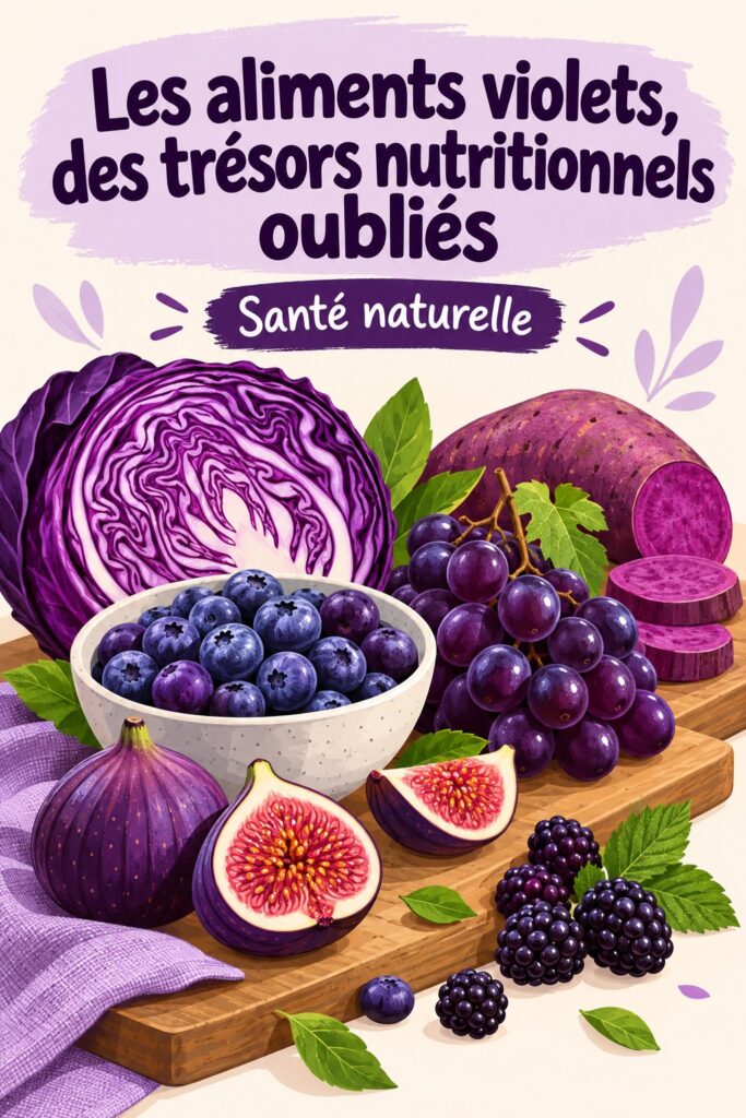 Assortiment d'aliments violets frais comme des aubergines et des myrtilles sur une table.