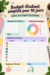 Femme souriante travaillant sur son budget personnel avec ordinateur et papier.