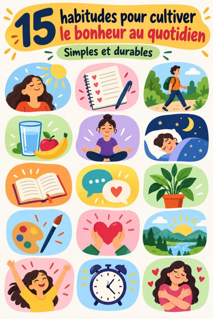 Femme méditant dans un cadre paisible, illustrant l'importance des habitudes pour le bonheur.
