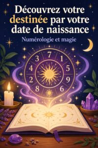 Illustration d'une femme contemplant son avenir avec des chiffres et des symboles autour de sa date de naissance.