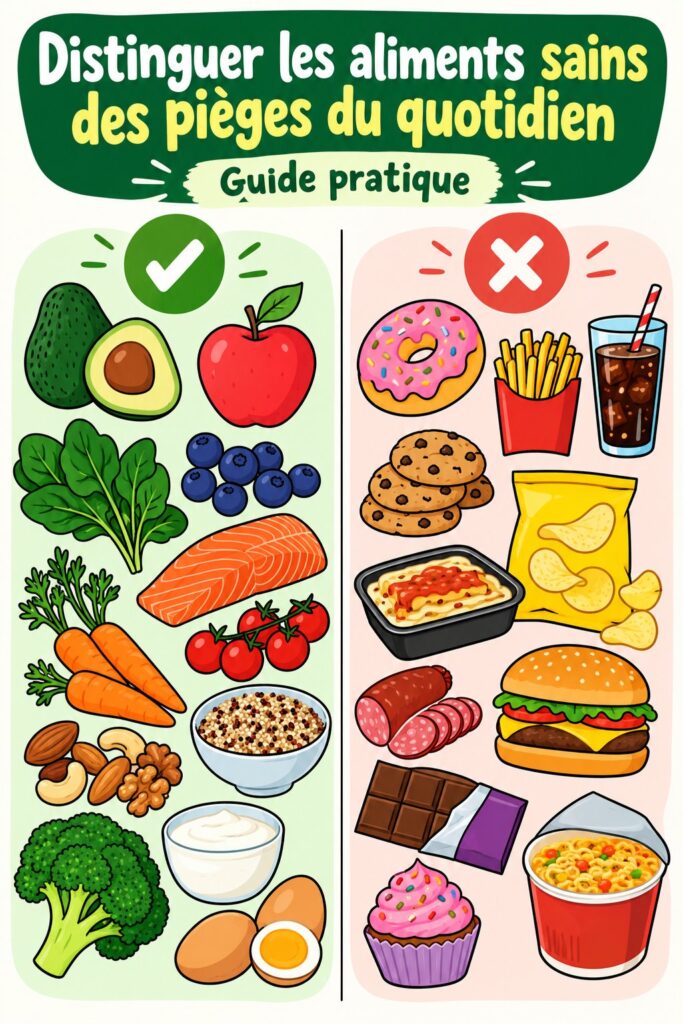 Image de diverses options alimentaires saines et non saines pour illustrer le sujet de l'évaluation des choix alimentaires.