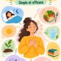 Femme souriante consultant un carnet d'habitudes quotidien.
