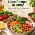 Femme préparant un repas sain dans une cuisine lumineuse, illustrant des habitudes alimentaires positives.