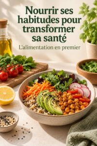 Femme préparant un repas sain dans une cuisine lumineuse, illustrant des habitudes alimentaires positives.