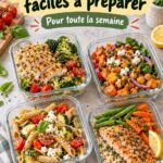 Plats équilibrés et colorés sur une table, représentant des repas sains et économiques.