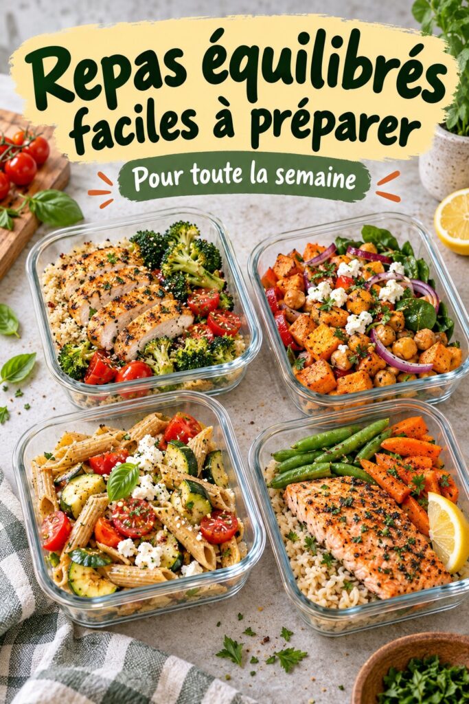 Plats équilibrés et colorés sur une table, représentant des repas sains et économiques.