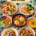 Idées de repas simples pour chaque jour de la semaine sur une table de cuisine.
