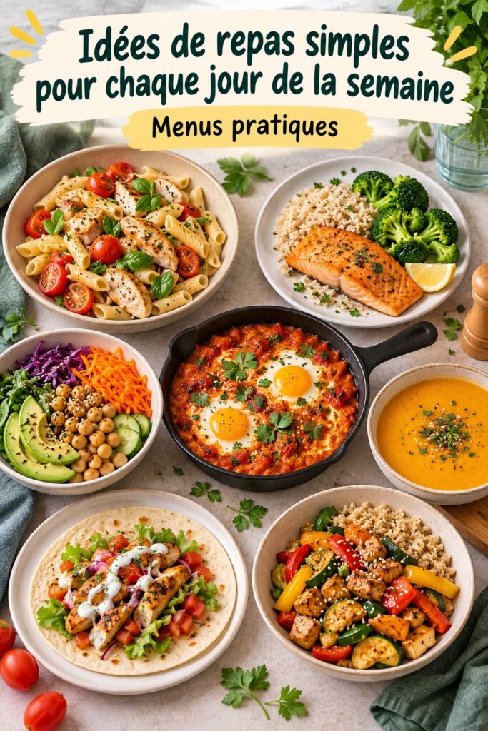Idées de repas simples pour chaque jour de la semaine sur une table de cuisine.