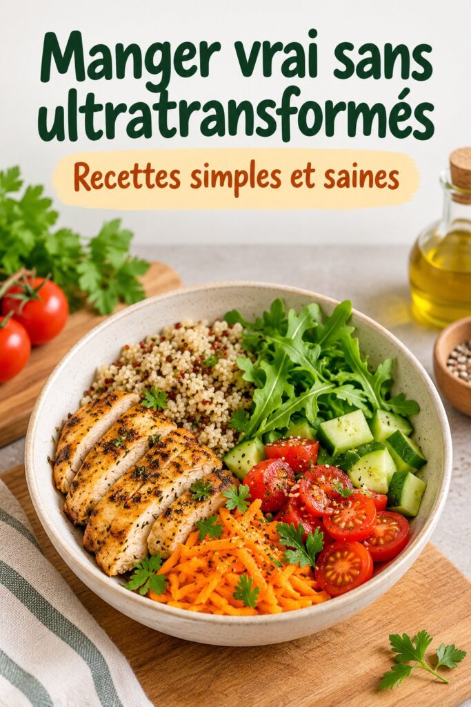 Un plat coloré de légumes frais et de céréales complètes, représentant une alimentation saine sans ultratransformés.