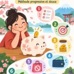 Femme souriante assise à une table avec un ordinateur et un carnet, calculant son budget avec une méthode japonaise.