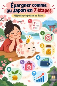 Femme souriante assise à une table avec un ordinateur et un carnet, calculant son budget avec une méthode japonaise.