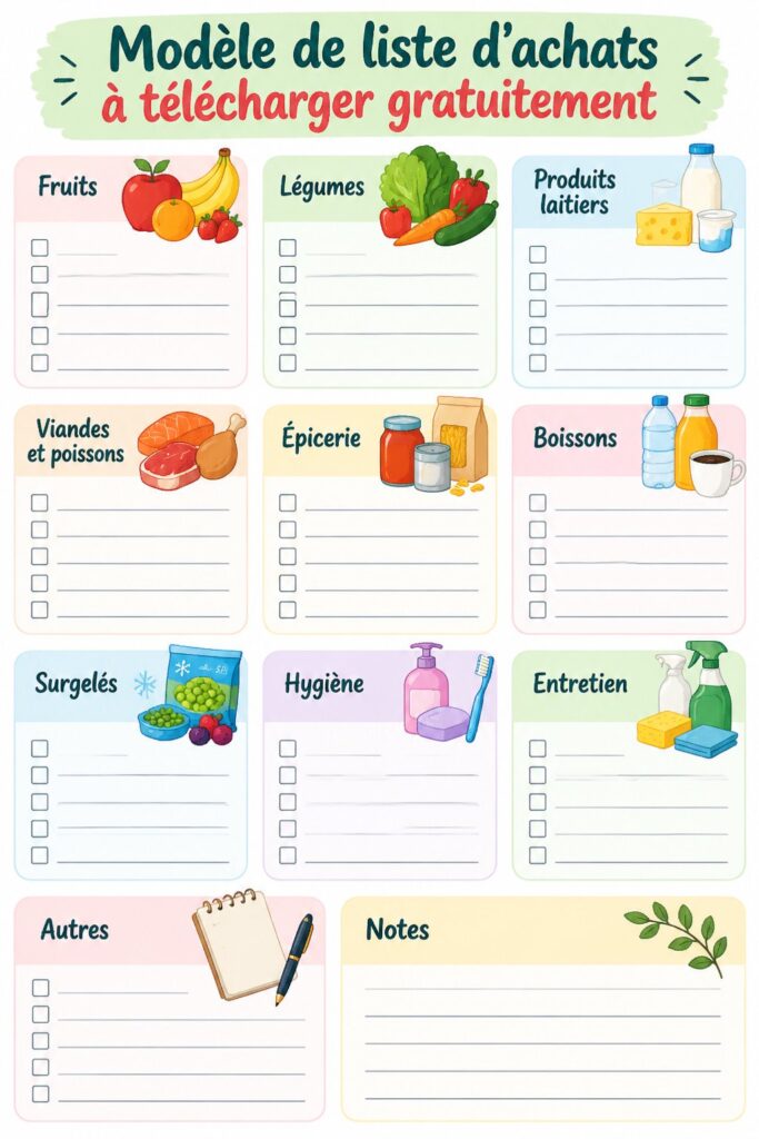 Modèle de liste d'achats à télécharger gratuitement pour mieux organiser vos courses.