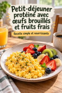 Petit-déjeuner équilibré avec œufs brouillés, fruits frais et pain complet sur une table chaleureuse.