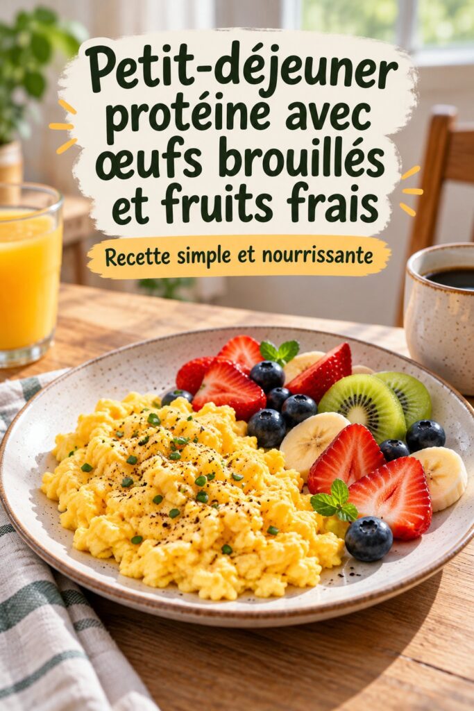 Petit-déjeuner équilibré avec œufs brouillés, fruits frais et pain complet sur une table chaleureuse.