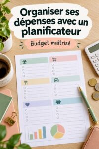 Femme souriante utilisant un planificateur financier pour gérer ses dépenses.