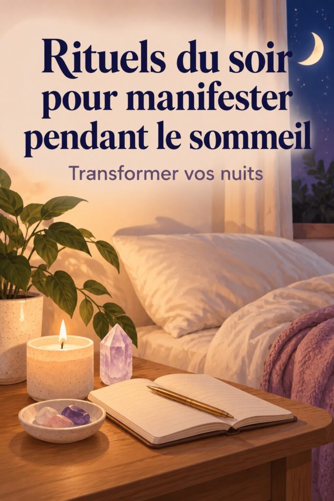 Femme méditant au coucher dans un cadre paisible, mettant en place une routine nocturne pour manifester ses rêves.