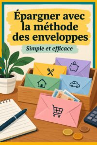 Illustration du système d'épargne des enveloppes avec des enveloppes étiquetées pour diverses dépenses.