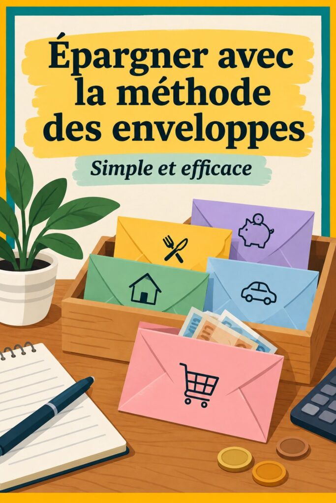 Illustration du système d'épargne des enveloppes avec des enveloppes étiquetées pour diverses dépenses.