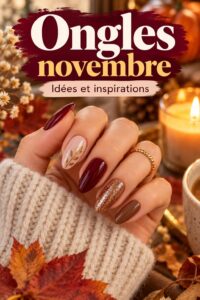 Des mains avec une manucure tendance de novembre 2026, présentant des couleurs automnales et des designs élégants.